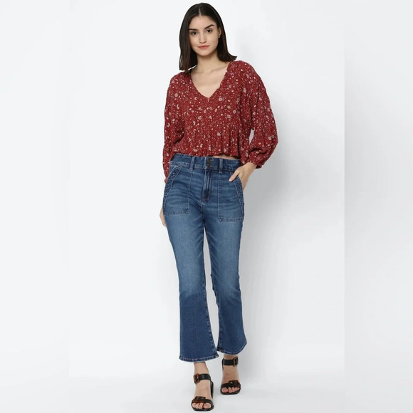 American Eagle Floral V-Neck Babydoll Blouse in Red Size S - Picture 1 of 12